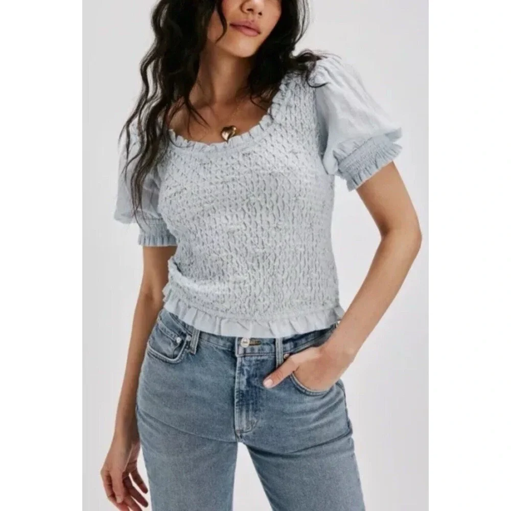 Free People Cecelia Puff Sleeve Smocked embroidered Rosette Cute Top Size‎ L $98